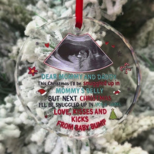 Photo personnalisée ce Noël, je serai blotti dans le ventre de maman - Ornement en verre personnalisé en forme de cercle pour la famille - Cadeau de Noël pour bébé, enfant, nouveau-né