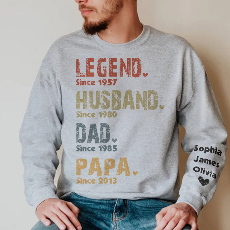 L'Homme Le Mythe La Légende Le Super-héros - Sweat-shirt unisexe personnalisé avec motif sur la manche - Cadeau de Noël pour papa