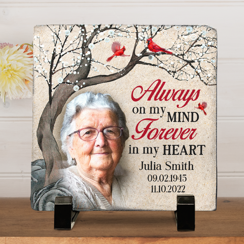 Photo personnalisée toujours dans nos esprits pour toujours dans nos cœurs - Pierre commémorative personnalisée de forme carrée - Cadeau de sympathie pour les membres de la famille