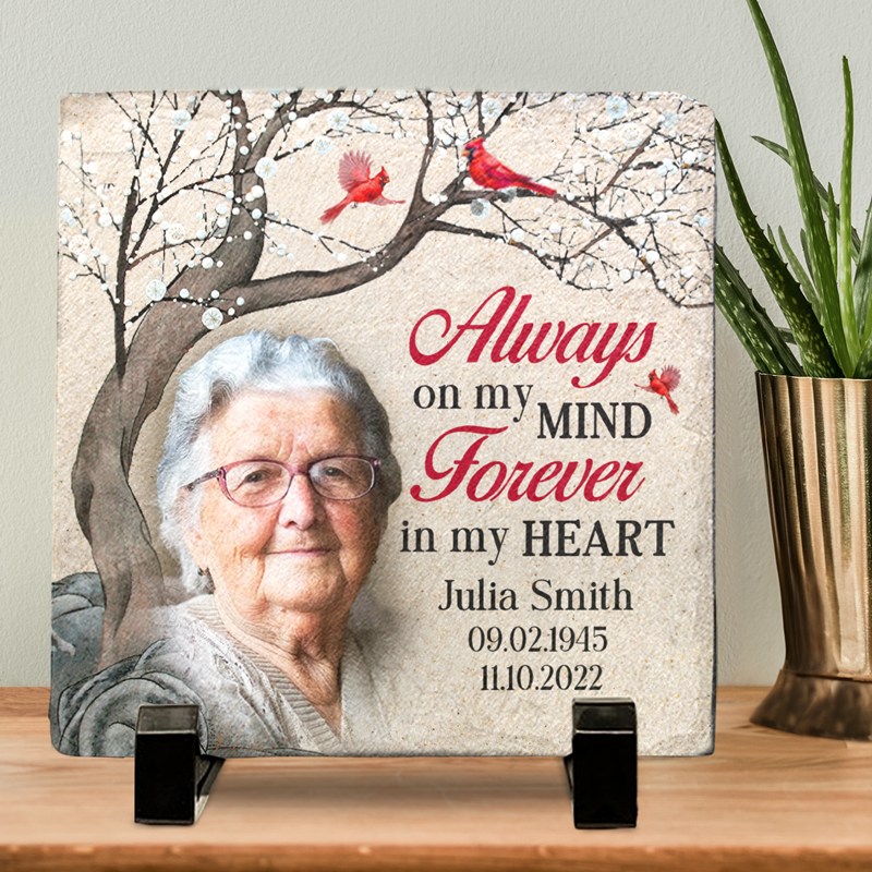 Photo personnalisée toujours dans nos esprits pour toujours dans nos cœurs - Pierre commémorative personnalisée de forme carrée - Cadeau de sympathie pour les membres de la famille