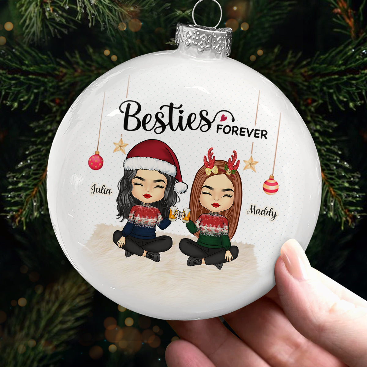 Besties Forever - Boule plate blanche personnalisée Bestie - Cadeau de Noël pour meilleures amies, meilleures amies, sœurs