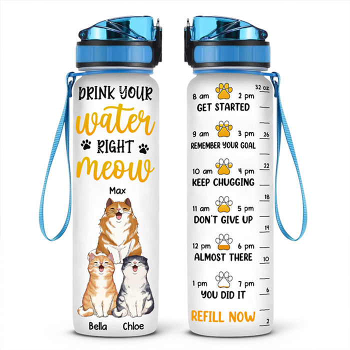 Boire de l'eau correctement ! Miaou ! Gourde personnalisée avec suivi d'eau pour chat ! Cadeau pour propriétaires et amoureux des animaux.