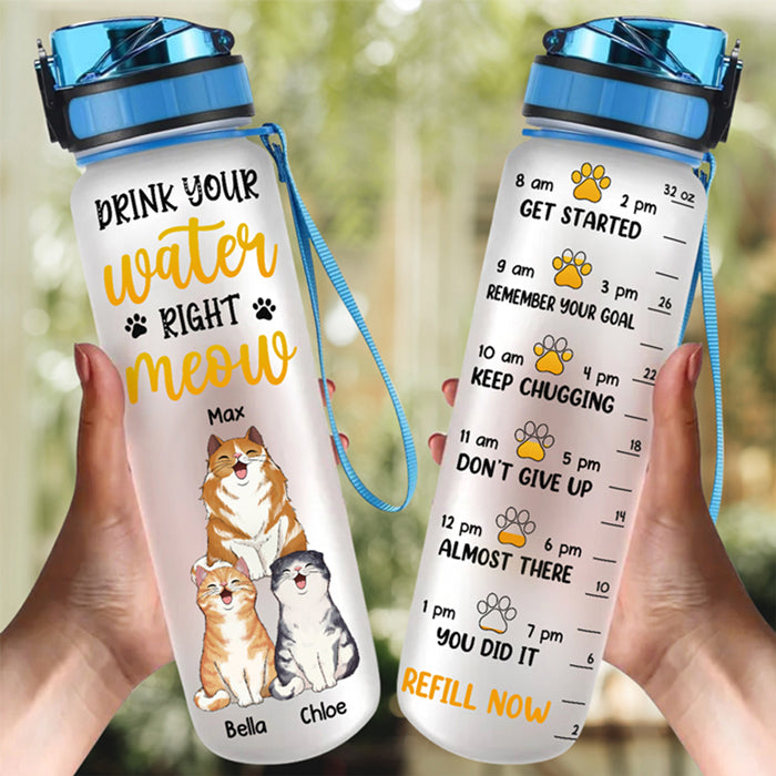 Boire de l'eau correctement ! Miaou ! Gourde personnalisée avec suivi d'eau pour chat ! Cadeau pour propriétaires et amoureux des animaux.