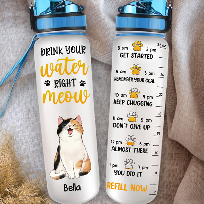 Boire de l'eau correctement ! Miaou ! Gourde personnalisée avec suivi d'eau pour chat ! Cadeau pour propriétaires et amoureux des animaux.