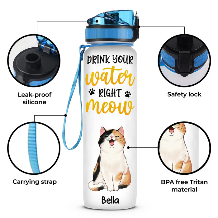 Boire de l'eau correctement ! Miaou ! Gourde personnalisée avec suivi d'eau pour chat ! Cadeau pour propriétaires et amoureux des animaux.
