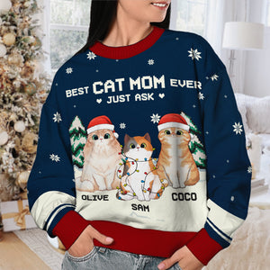 Meilleurs parents de chats de tous les temps - Sweat-shirt de Noël unisexe personnalisé et moche, sweat-shirt en laine, sweat-shirt imprimé intégral - Cadeau pour les amoureux des chats, les amoureux des animaux, cadeau de Noël