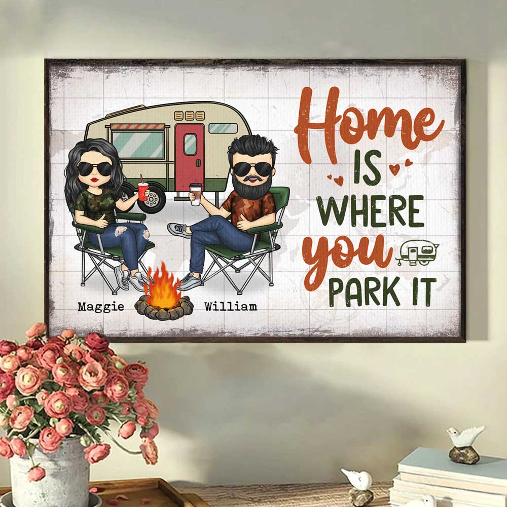 Home Is Where You Park It - Gift For Camping Couples, Personalized Horizontal Poster.