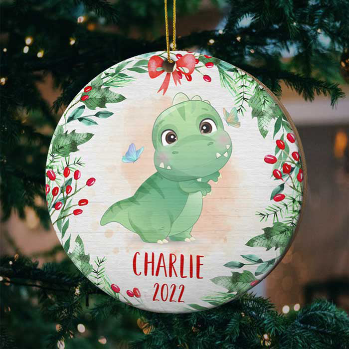 Joyeux Noël à l'enfant dinosaure - Décoration de Noël ronde en bois personnalisée