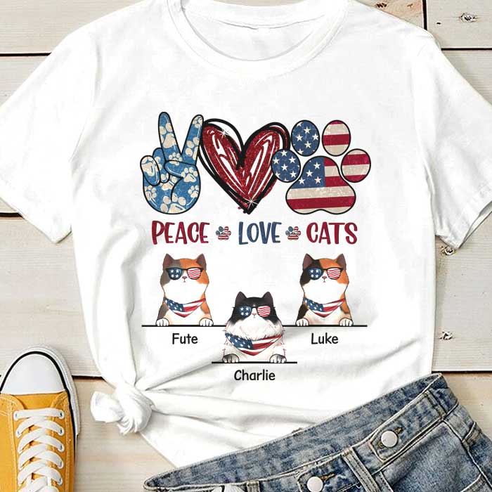 Peace Love Cats - Gift For 4th Of July, Personalized Unisex T-Shirt.