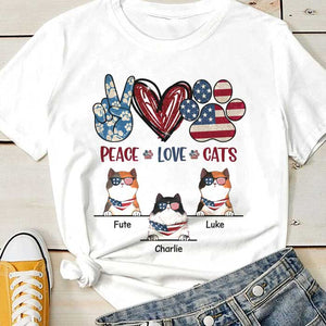 Peace Love Cats - Gift For 4th Of July, Personalized Unisex T-Shirt.