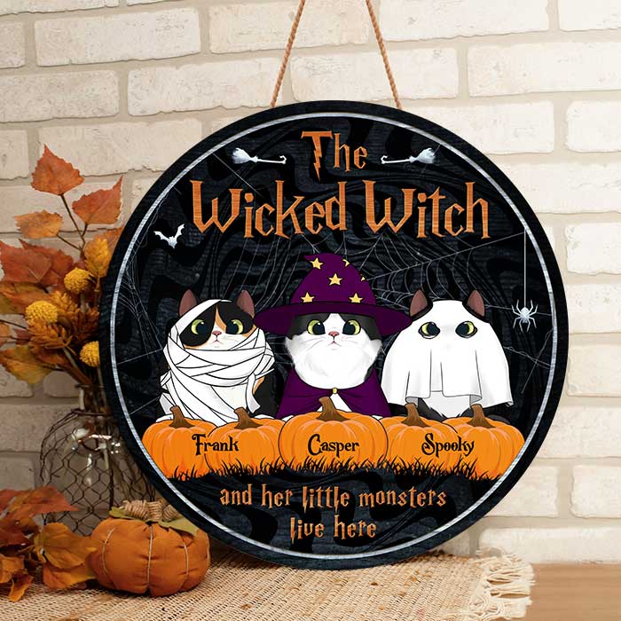 The Wicked Witch And Her Little Monsters Live Here Peeking Cats - Funny Personalized Cat Door Sign.