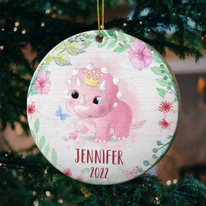 Joyeux Noël à l'enfant dinosaure - Décoration de Noël ronde en bois personnalisée