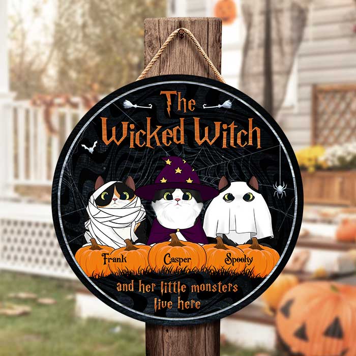The Wicked Witch And Her Little Monsters Live Here Peeking Cats - Funny Personalized Cat Door Sign.