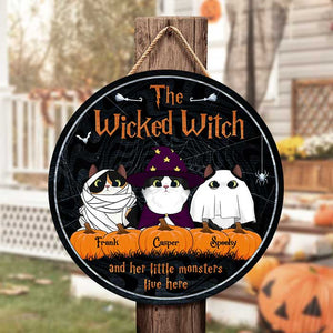 The Wicked Witch And Her Little Monsters Live Here Peeking Cats - Funny Personalized Cat Door Sign.