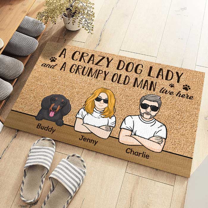 A Crazy Dog Lady And A Grumpy Old Man Live Here - Personalized Decorative Mat.