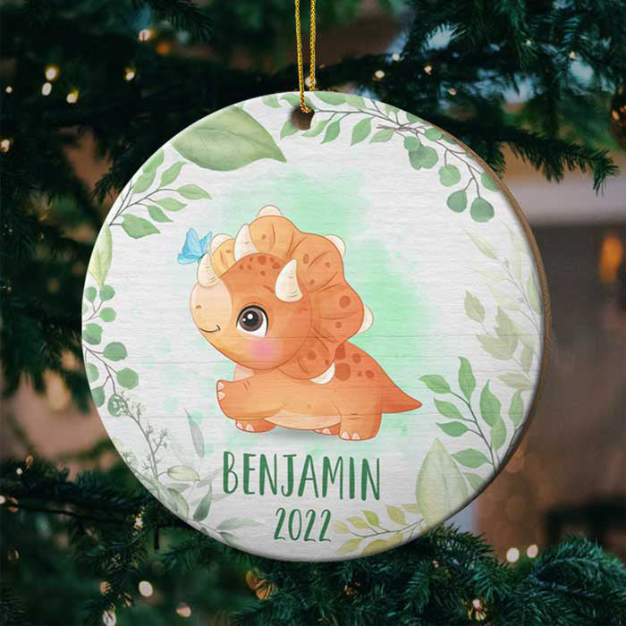 Joyeux Noël à l'enfant dinosaure - Décoration de Noël ronde en bois personnalisée