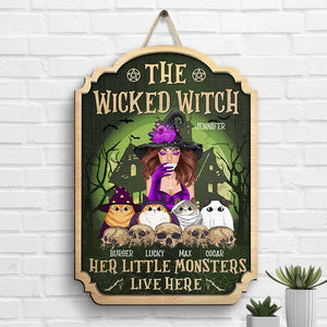 La méchante sorcière et ses petits monstres vivent ici - Panneau en bois personnalisé - Cadeau pour sorcières, cadeau pour vous-même, cadeau pour les amoureux des animaux, cadeau d'Halloween