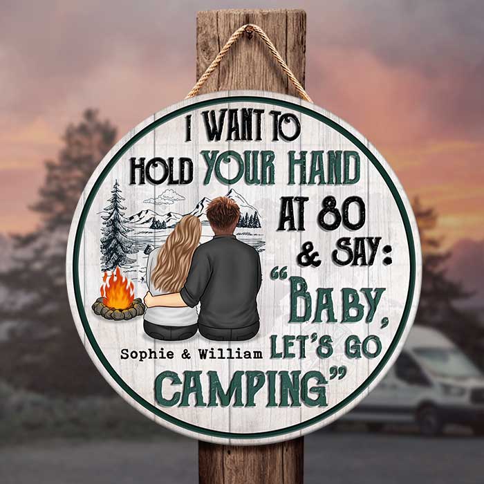 Baby Let's Go Camping At 80 - Gift For Camping Couples, Personalized Door Sign.