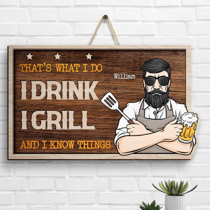 Papa boit papa grill - Panneau en bois personnalisé - Cadeau pour papa