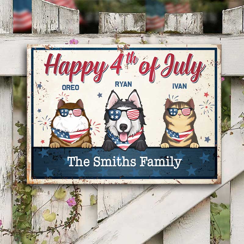 Happy 4th Of July - 4th Of July Funny Personalized Pet Metal Sign (Cat & Dog).