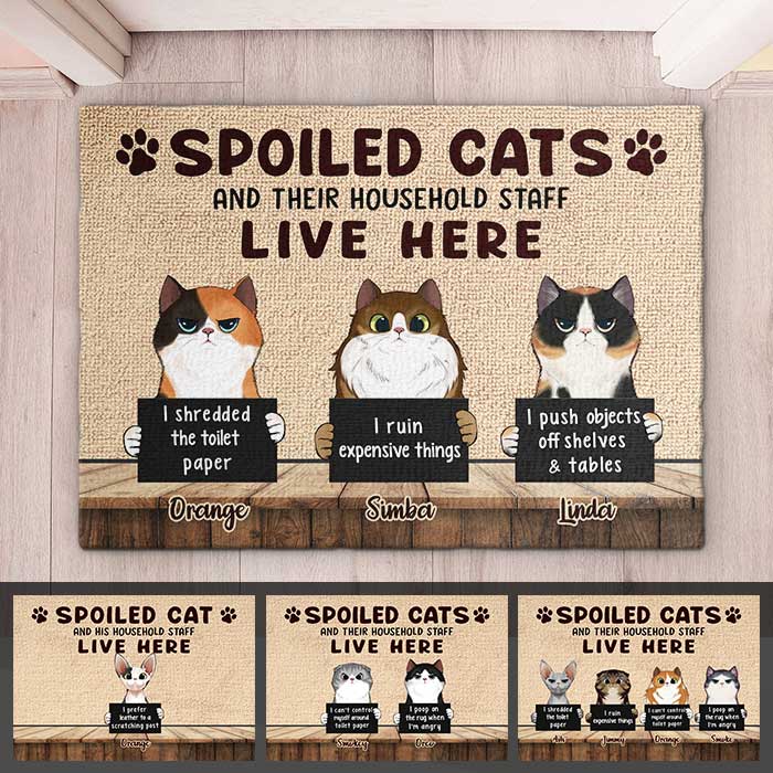 Spoiled Cats Live Here - Gift For Cat Lovers - Personalized Decorative Mat.