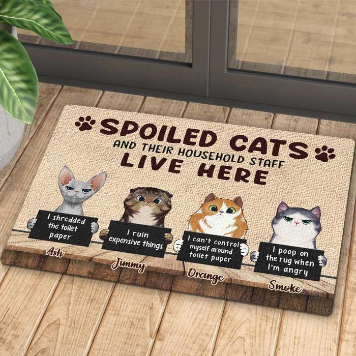 Spoiled Cats Live Here - Gift For Cat Lovers - Personalized Decorative Mat.