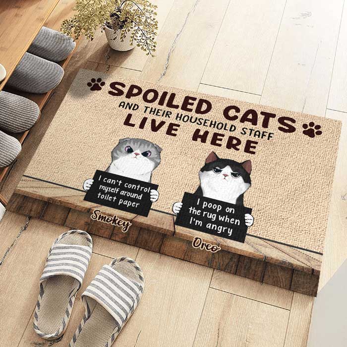 Spoiled Cats Live Here - Gift For Cat Lovers - Personalized Decorative Mat.