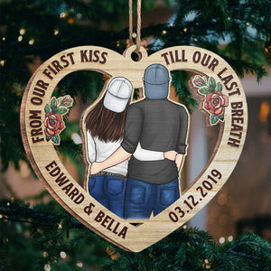 De notre premier baiser, mon amour - Décoration de Noël en bois personnalisée en forme de cœur - Cadeau pour couple, mari et femme, anniversaire, fiançailles, mariage, cadeau de mariage, cadeau de Noël