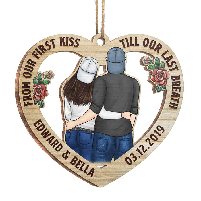 De notre premier baiser, mon amour - Décoration de Noël en bois personnalisée en forme de cœur - Cadeau pour couple, mari et femme, anniversaire, fiançailles, mariage, cadeau de mariage, cadeau de Noël