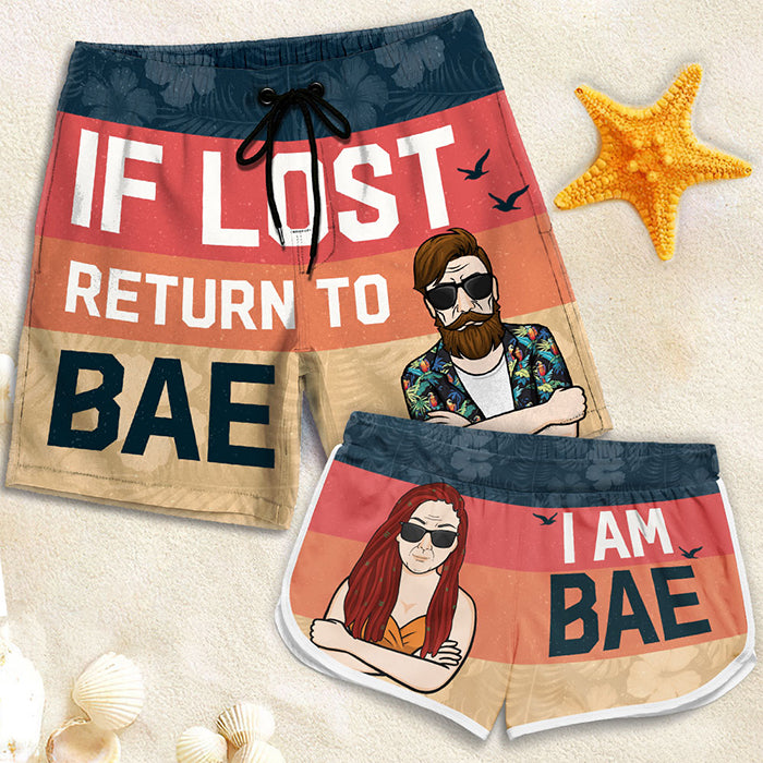 If Lost, Return To My Bae - Personalized Couple Beach Shorts - Gift For Couples, Husband Wife