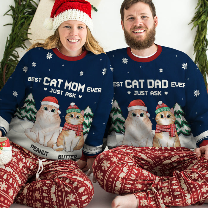 Meilleurs parents de chats de tous les temps - Sweat-shirt de Noël unisexe personnalisé et moche, sweat-shirt en laine, sweat-shirt imprimé intégral - Cadeau pour les amoureux des chats, les amoureux des animaux, cadeau de Noël