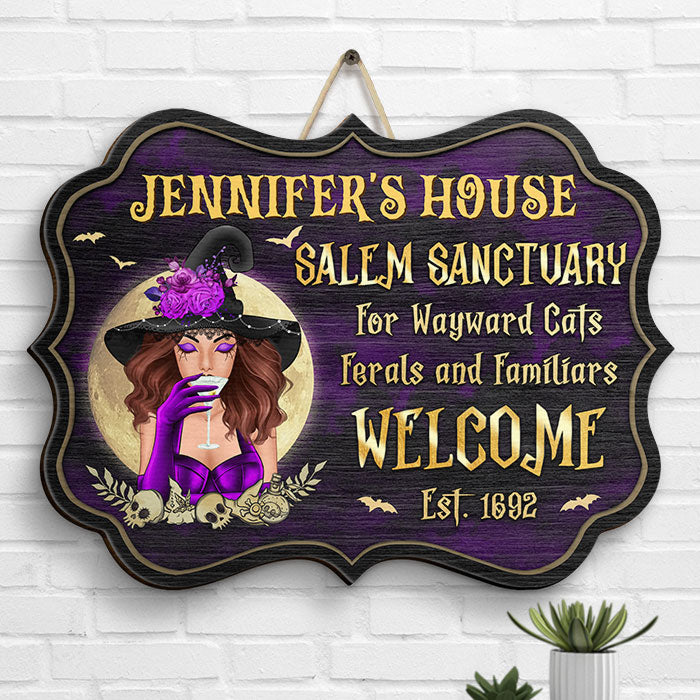 Sanctuaire de Salem pour chats errants, sauvages et familiers - Panneau en bois personnalisé en forme de sorcière - Cadeau pour sorcières, cadeau pour vous-même, cadeau d'Halloween