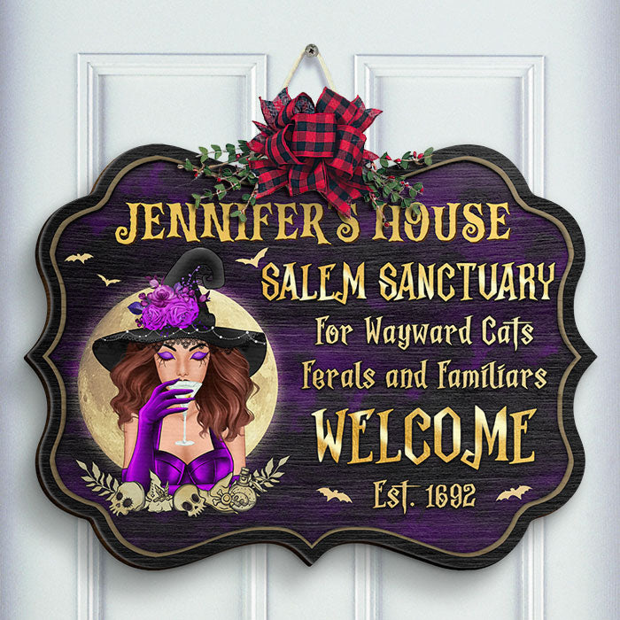 Sanctuaire de Salem pour chats errants, sauvages et familiers - Panneau en bois personnalisé en forme de sorcière - Cadeau pour sorcières, cadeau pour vous-même, cadeau d'Halloween