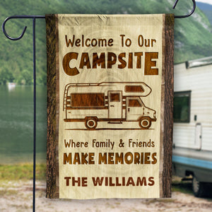 Bienvenue sur notre camping et créez des souvenirs - Drapeau personnalisé - Cadeau pour les amateurs de camping