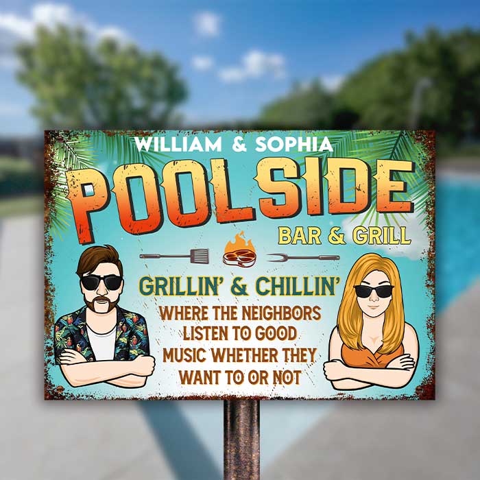 Bar et grill au bord de la piscine pour couples - Plaque métallique personnalisée - Cadeau pour couples, mari et femme