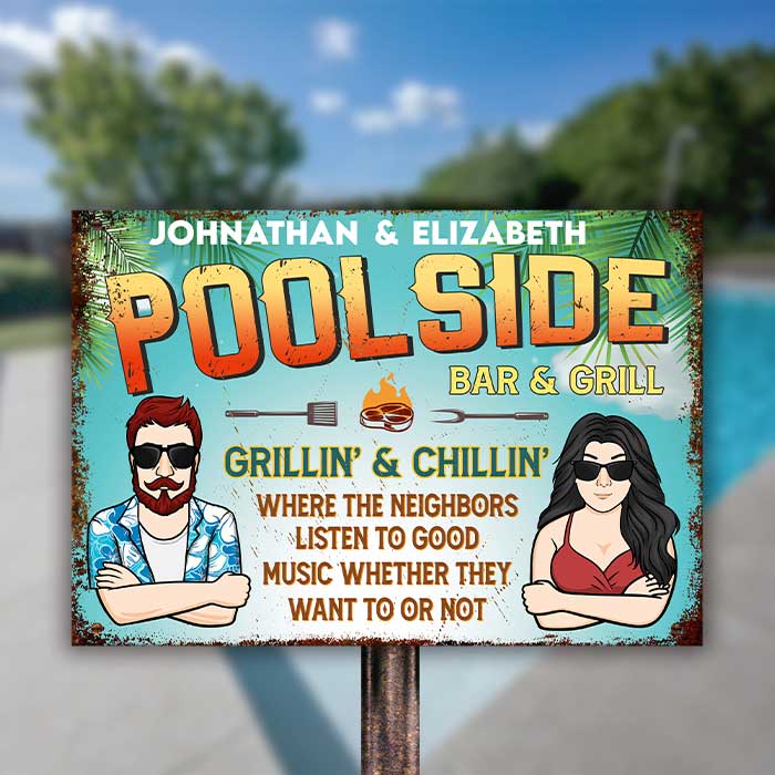 Bar et grill au bord de la piscine pour couples - Plaque métallique personnalisée - Cadeau pour couples, mari et femme