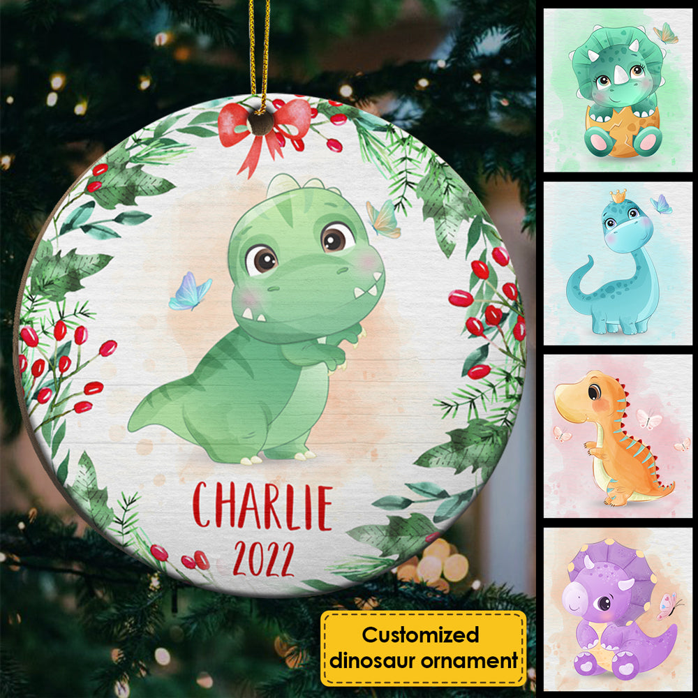 Joyeux Noël à l'enfant dinosaure - Décoration de Noël ronde en bois personnalisée