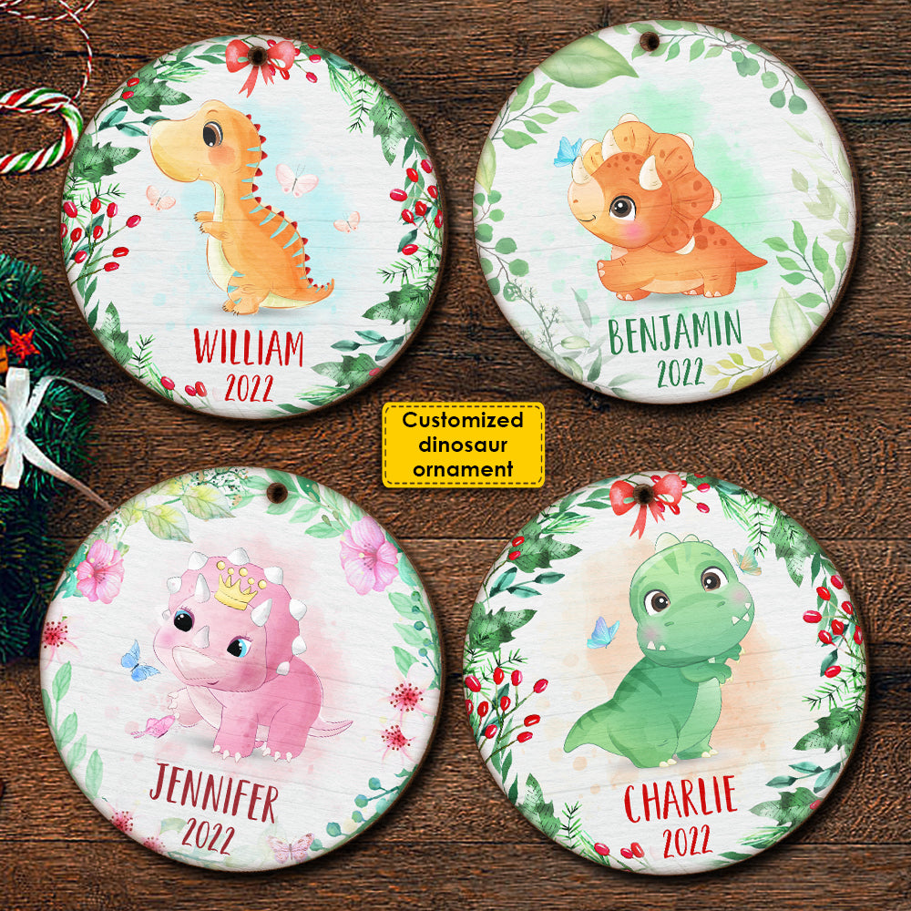 Joyeux Noël à l'enfant dinosaure - Décoration de Noël ronde en bois personnalisée