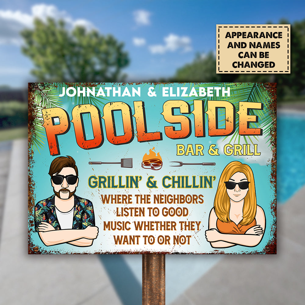 Bar et grill au bord de la piscine pour couples - Plaque métallique personnalisée - Cadeau pour couples, mari et femme