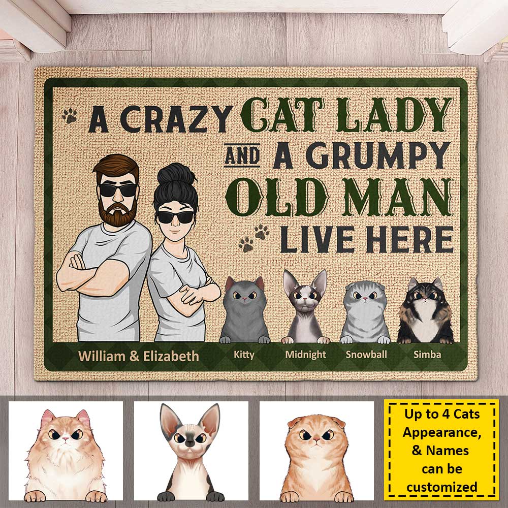 Une folle aux chats et un vieil homme grincheux - Tapis décoratif personnalisé - Cadeau pour les amoureux des animaux