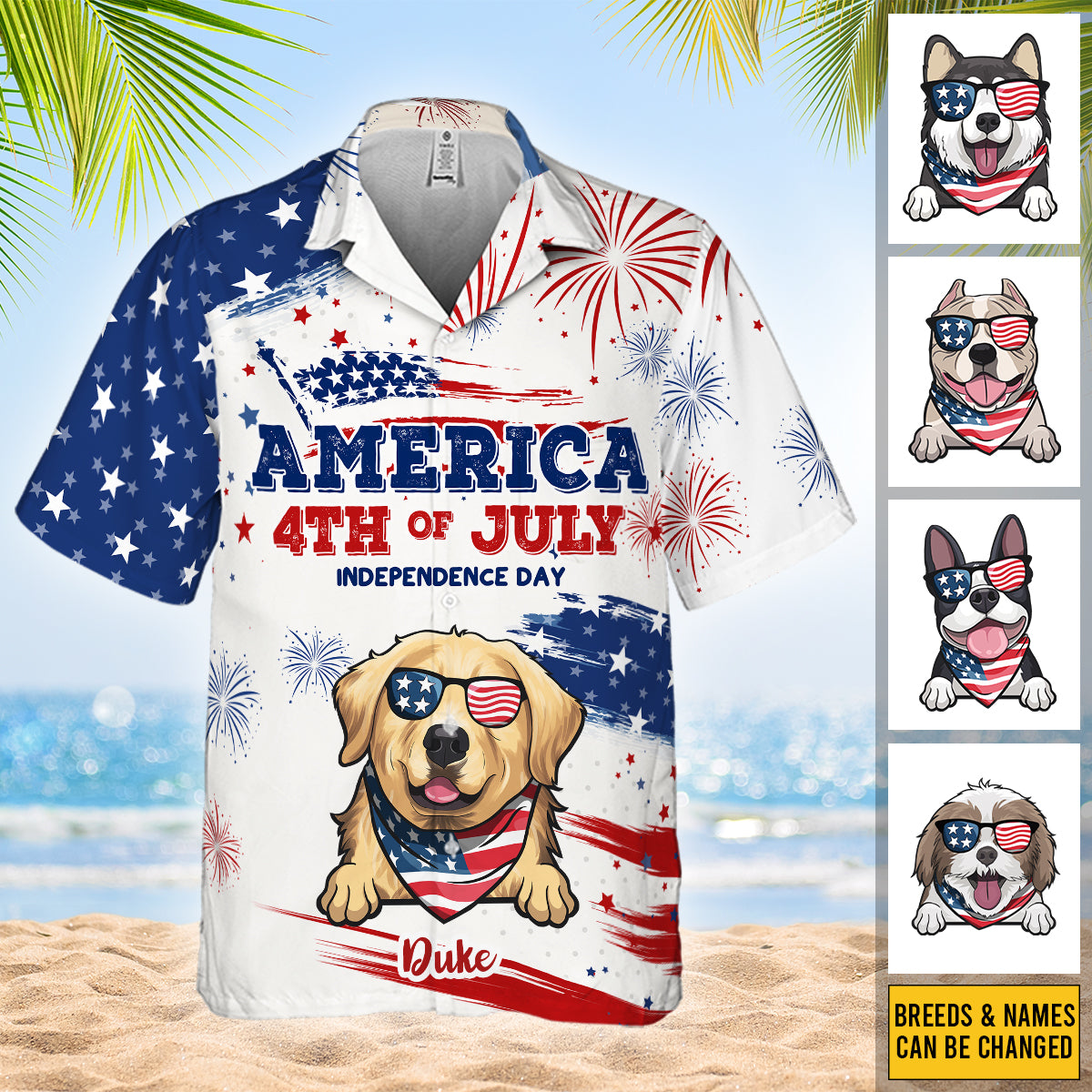 Joyeux Jour de l'Indépendance - T-shirt hawaïen personnalisé - Cadeau pour papa, cadeau pour amoureux des animaux