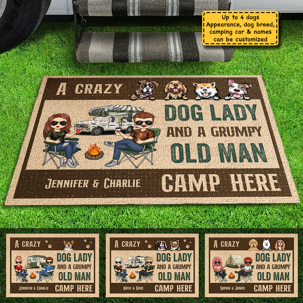 Une folle chienne campe ici - Tapis décoratif personnalisé - Cadeau pour les amateurs de camping