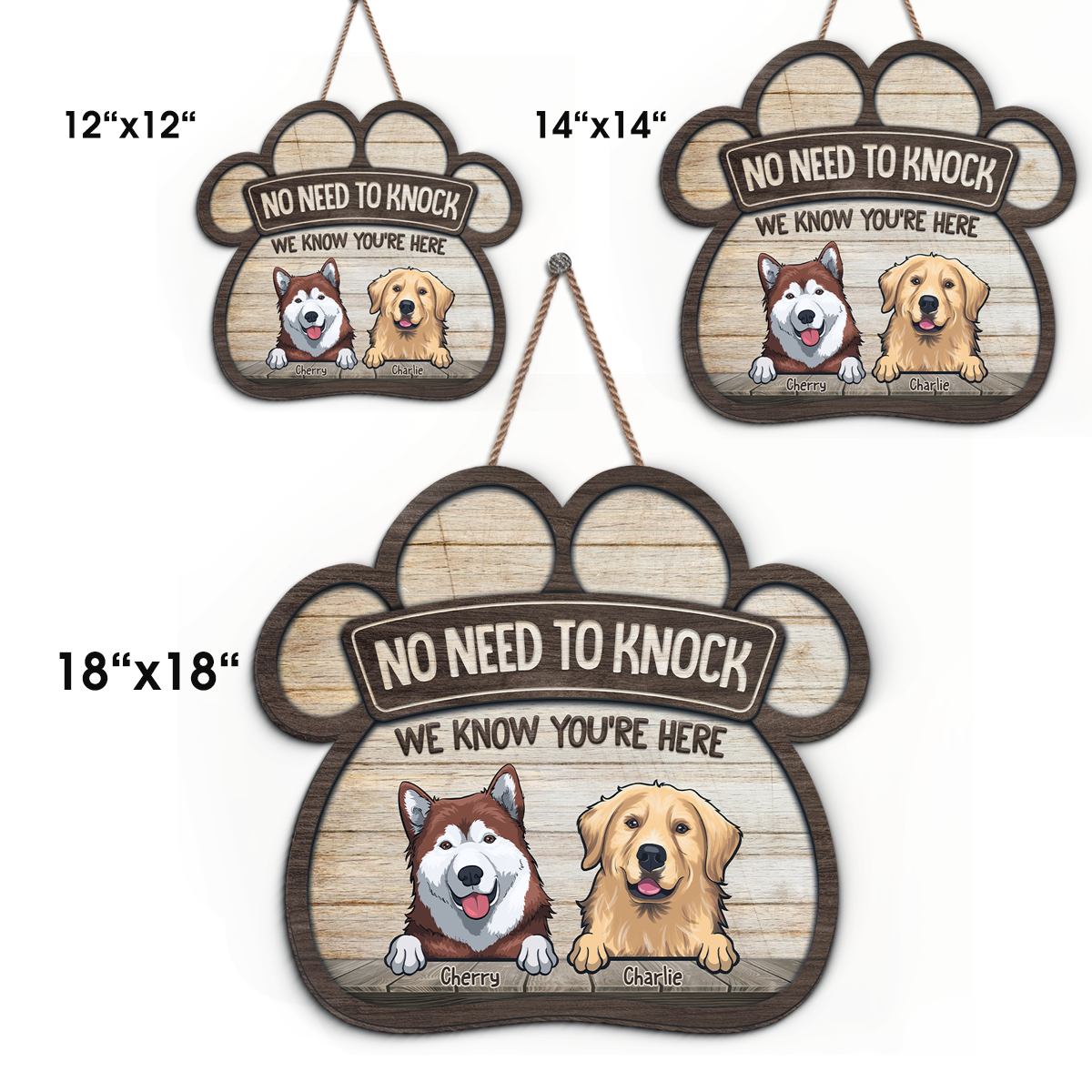 Pas besoin de frapper, nous savons que vous êtes là - Panneau en bois personnalisé en forme de patte de chien - Cadeau de pendaison de crémaillère pour les propriétaires d'animaux et les amoureux des animaux